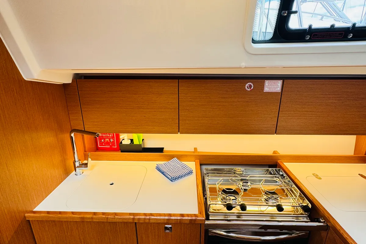 Galley of Simbad, a Bavaria C38 sailboat at Novi Vinodolski, Croatia