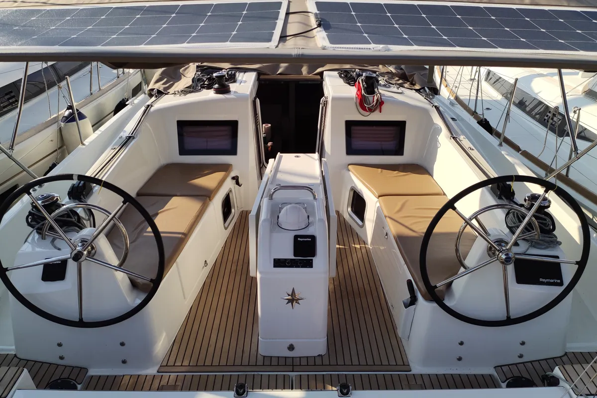Cockpit of Nerea, a Jeanneau Sun Odyssey 410 sailboat at Loutraki, Greece