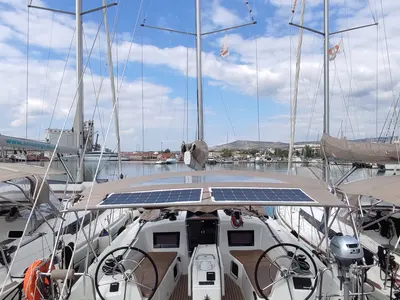 Cockpit of Nerea, a Jeanneau Sun Odyssey 410 sailboat at Loutraki, Greece