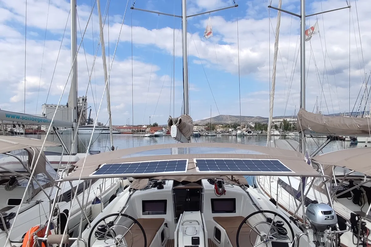 Cockpit of Nerea, a Jeanneau Sun Odyssey 410 sailboat at Loutraki, Greece