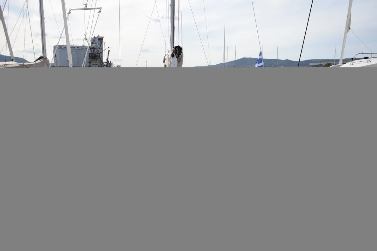 Deck of Nerea, a Jeanneau Sun Odyssey 410 sailboat at Loutraki, Greece
