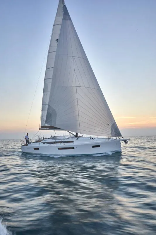 Exterior view of Nerea, a Jeanneau Sun Odyssey 410 sailboat at Loutraki, Greece
