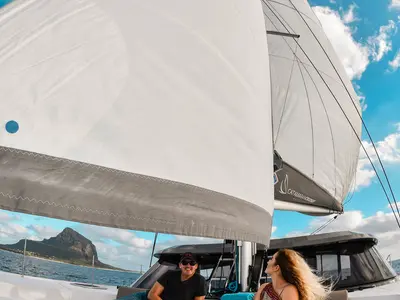 Deck of Sea Spirit, a Nautitech 40 Open catamaran at Grande Rivière Noire VCA, Mauritius