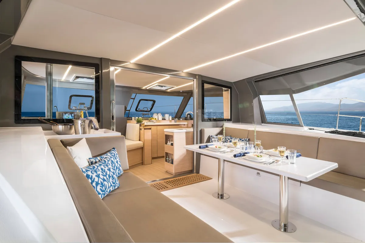 Salon of Sea Spirit, a Nautitech 40 Open catamaran at Grande Rivière Noire VCA, Mauritius