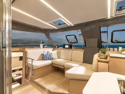 Salon of Sea Spirit, a Nautitech 40 Open catamaran at Grande Rivière Noire VCA, Mauritius
