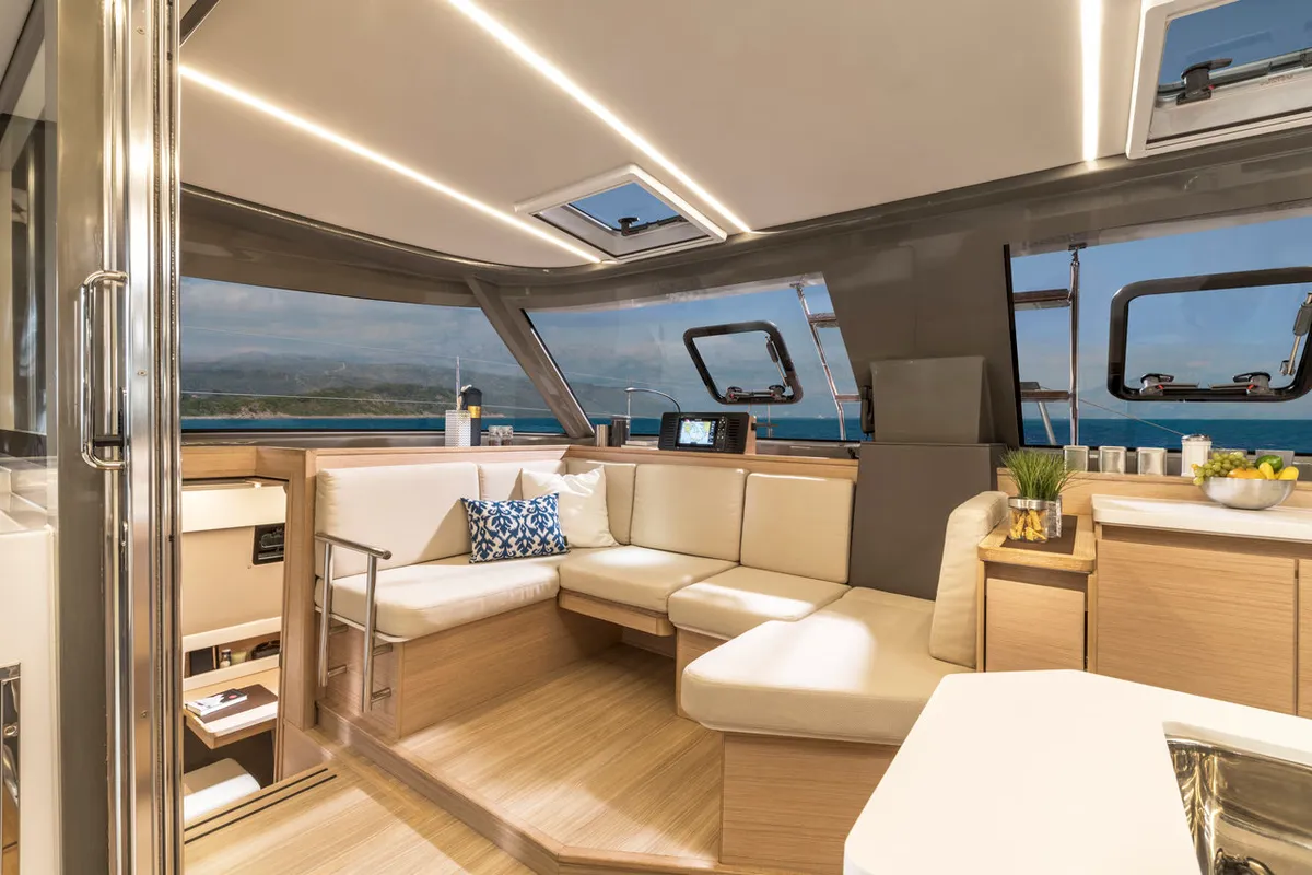 Salon of Sea Spirit, a Nautitech 40 Open catamaran at Grande Rivière Noire VCA, Mauritius