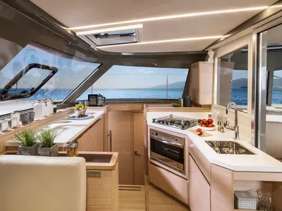 Galley of Sea Spirit, a Nautitech 40 Open catamaran at Grande Rivière Noire VCA, Mauritius