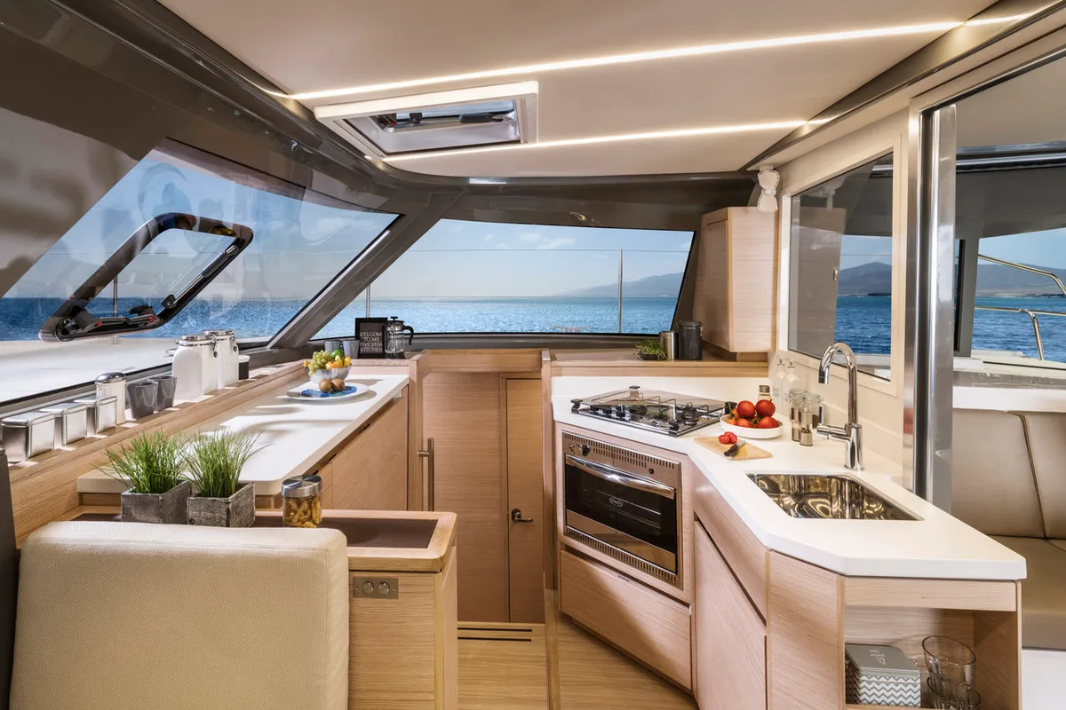 Galley of Sea Spirit, a Nautitech 40 Open catamaran at Grande Rivière Noire VCA, Mauritius