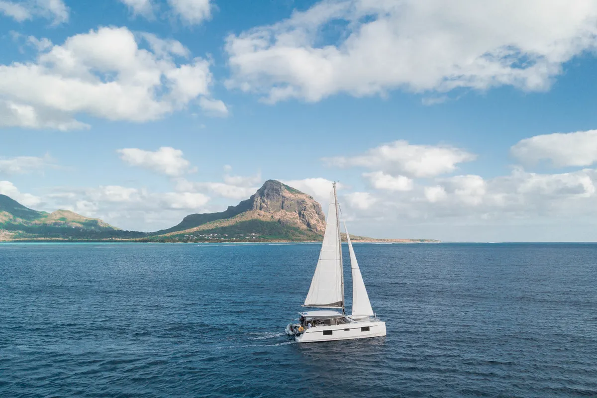 Exterior view of Sea Spirit, a Nautitech 40 Open catamaran at Grande Rivière Noire VCA, Mauritius