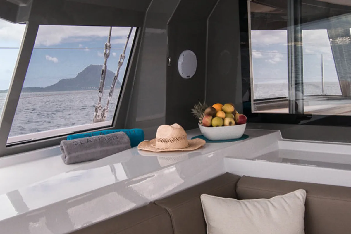 Salon of Sea Spirit, a Nautitech 40 Open catamaran at Grande Rivière Noire VCA, Mauritius
