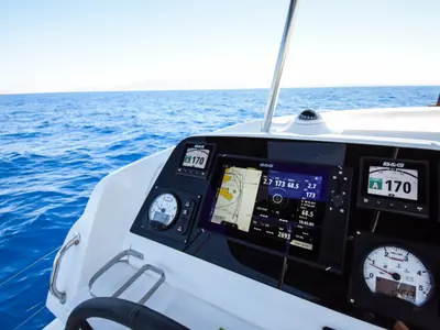 Cockpit of Petalida, a Lagoon 42 catamaran at Kos, Greece