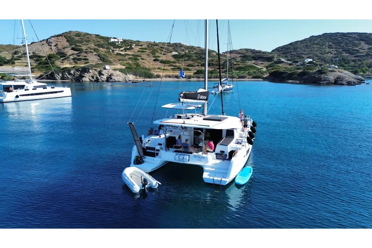 Exterior view of Petalida, a Lagoon 42 catamaran at Kos, Greece