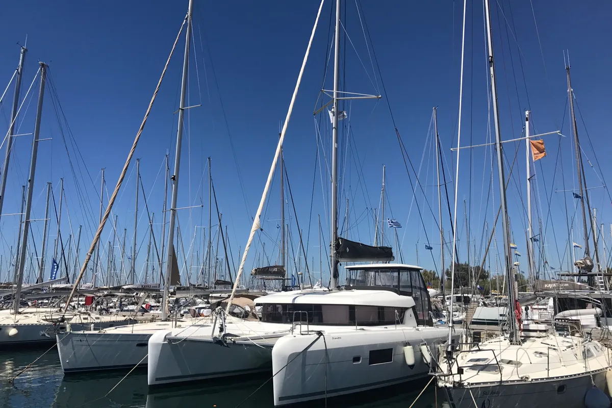 Exterior view of Petalida, a Lagoon 42 catamaran at Kos, Greece