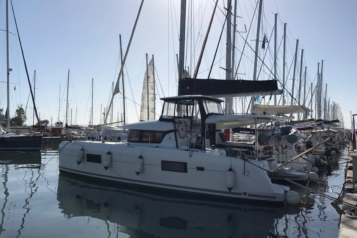 Exterior view of Petalida, a Lagoon 42 catamaran at Kos, Greece