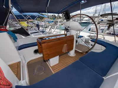 Cockpit of Palmizana, a Jeanneau Sun Odyssey 42.2 Exclusive sailboat at Grad Trogir, Croatia