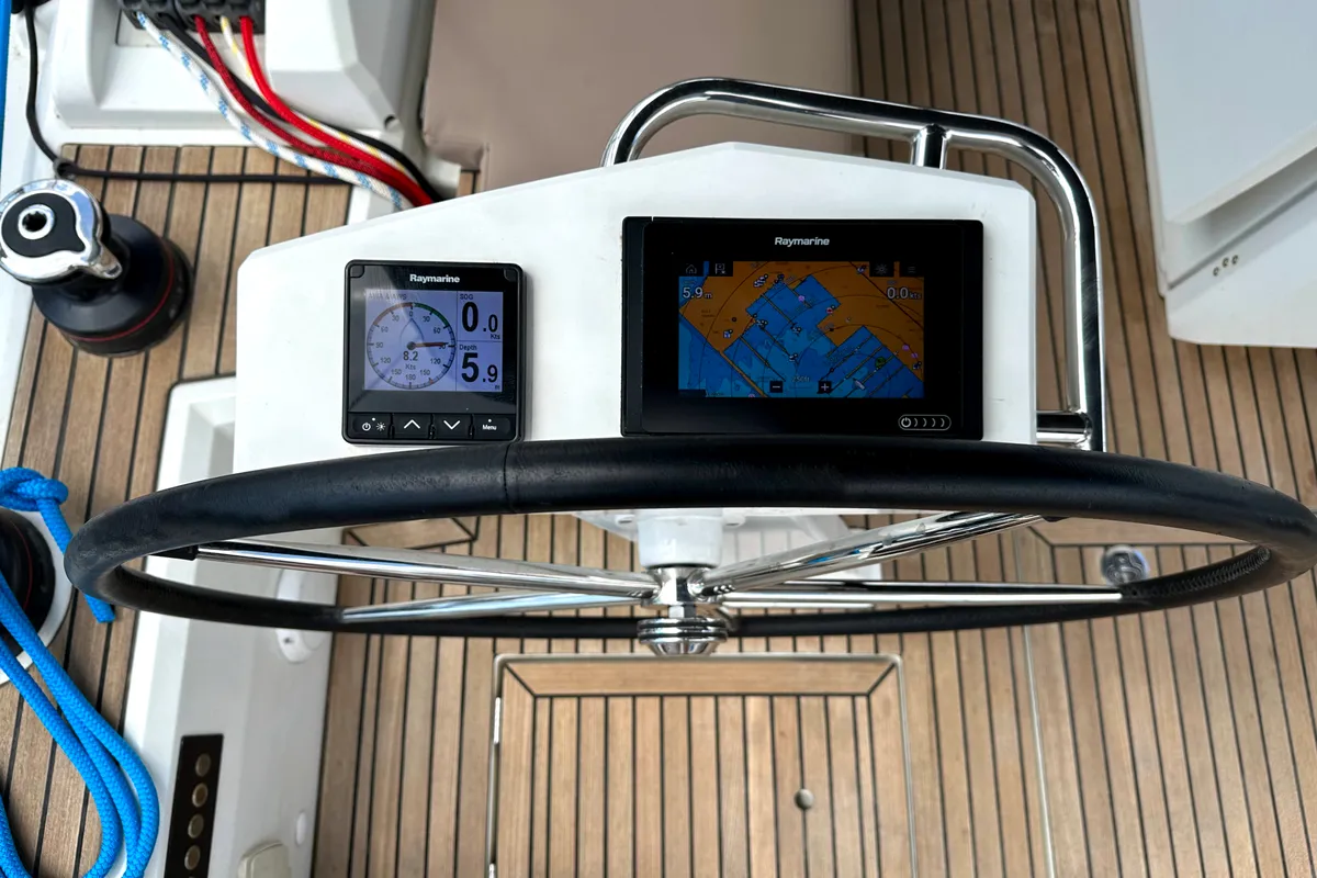 Cockpit of Sail Away (Refit 2025 - A/C - Electric Heads), a Beneteau Oceanis 46.1 sailboat at Athens, Greece