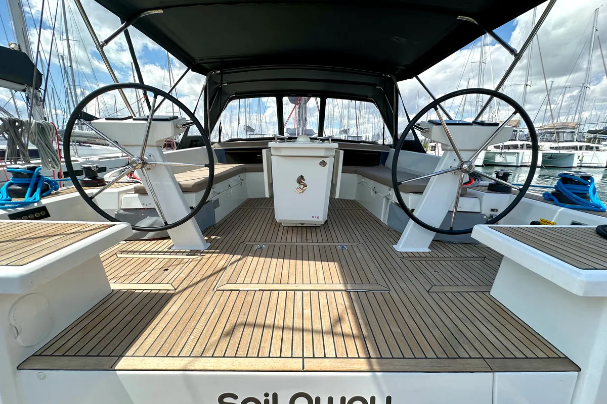 Cockpit of Sail Away (Refit 2025 - A/C - Electric Heads), a Beneteau Oceanis 46.1 sailboat at Athens, Greece