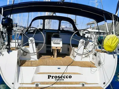 Cockpit of PROSECCO, a Bavaria Cruiser 46 sailboat at Grad Trogir, Croatia