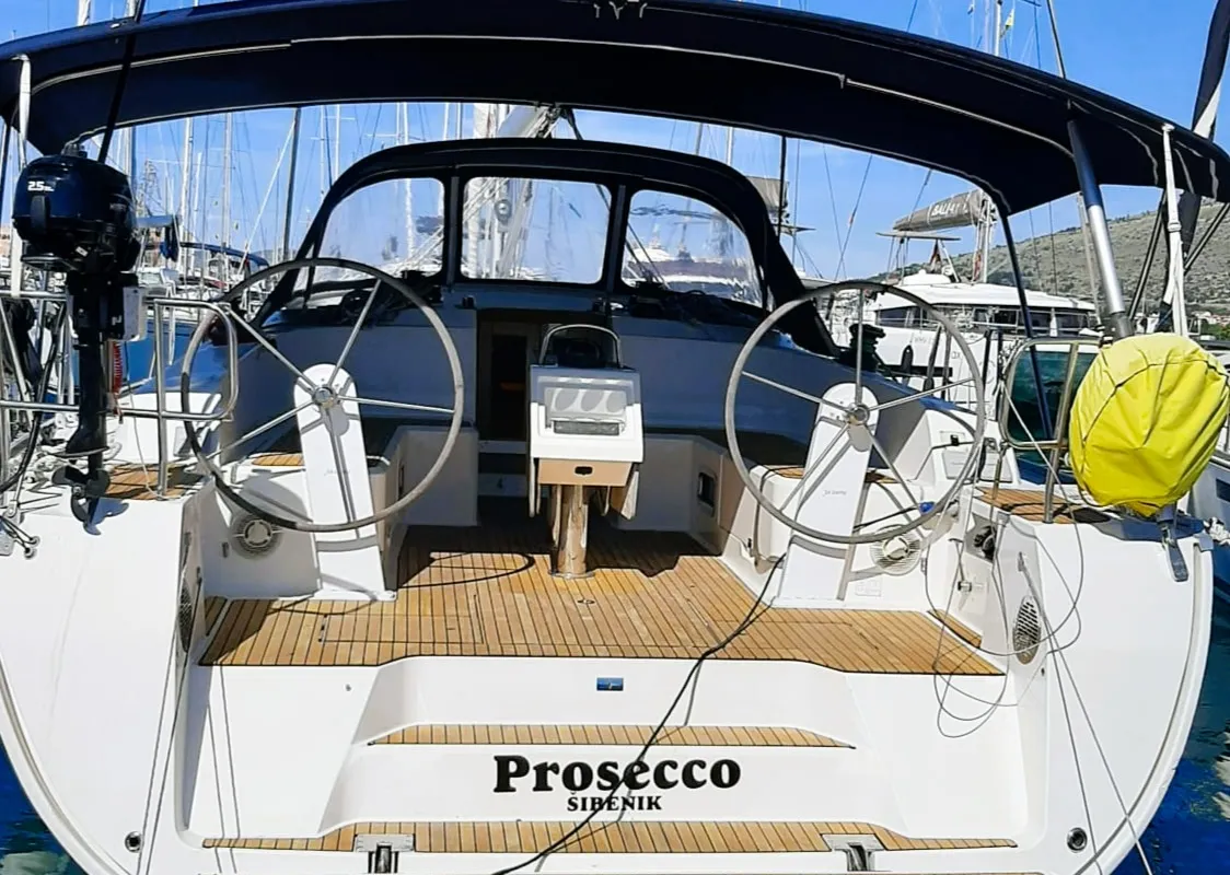 Cockpit of PROSECCO, a Bavaria Cruiser 46 sailboat at Grad Trogir, Croatia