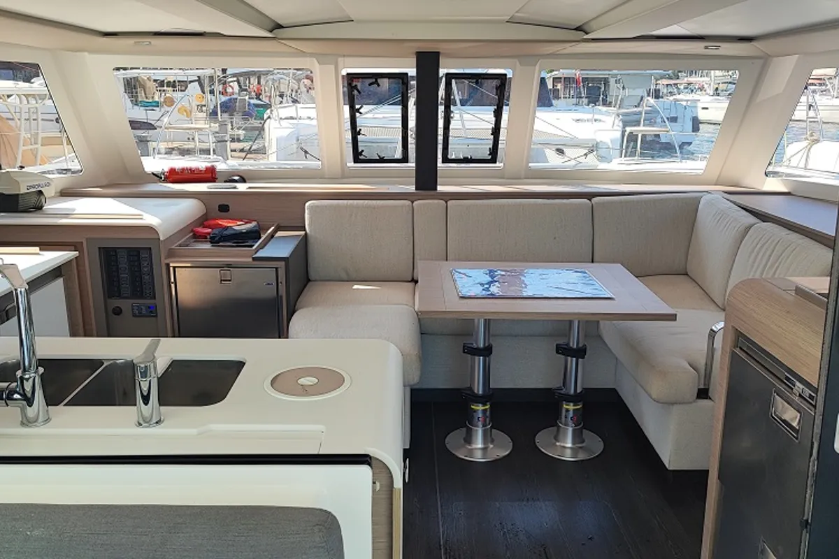 Salon of Fountaine Pajot Isla 40, a catamaran at Fethiye, Turkey