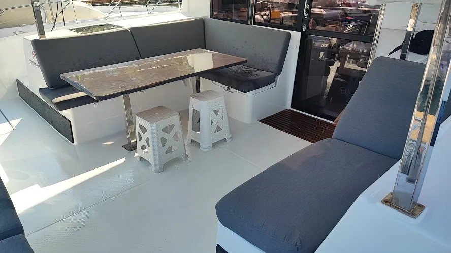 Deck of Fountaine Pajot Isla 40, a catamaran at Fethiye, Turkey