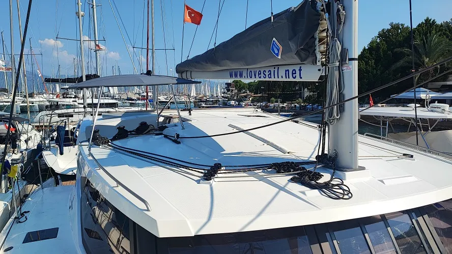 Deck of Fountaine Pajot Isla 40, a catamaran at Fethiye, Turkey