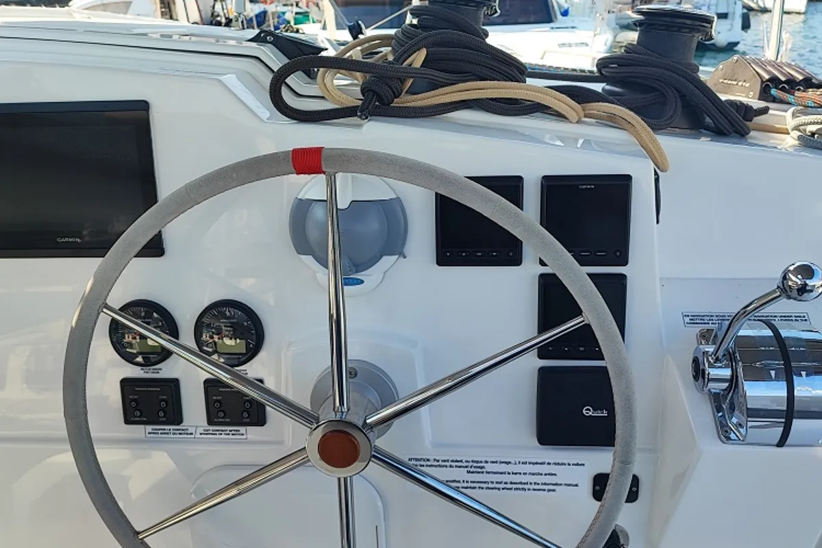 Cockpit of Fountaine Pajot Isla 40, a catamaran at Fethiye, Turkey