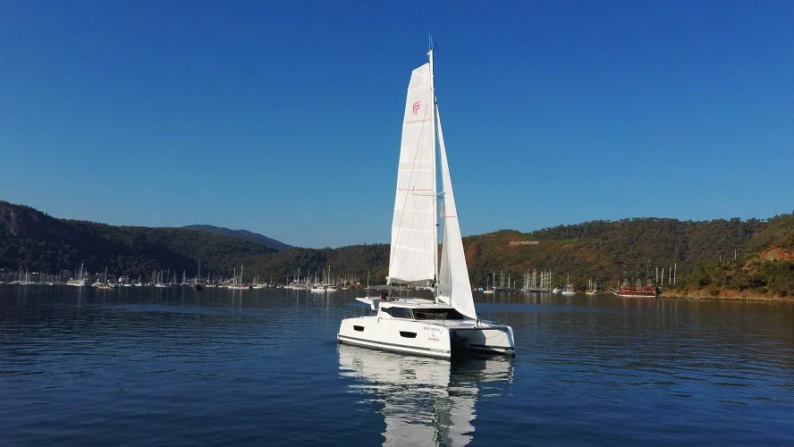 Exterior view of Fountaine Pajot Isla 40, a catamaran at Fethiye, Turkey