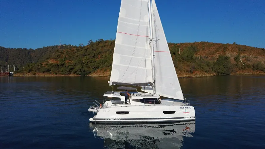 Exterior view of Fountaine Pajot Isla 40, a catamaran at Fethiye, Turkey