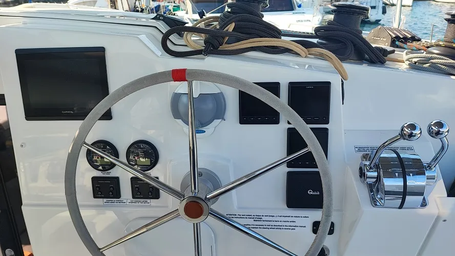 Cockpit of Fountaine Pajot Isla 40, a catamaran at Fethiye, Turkey