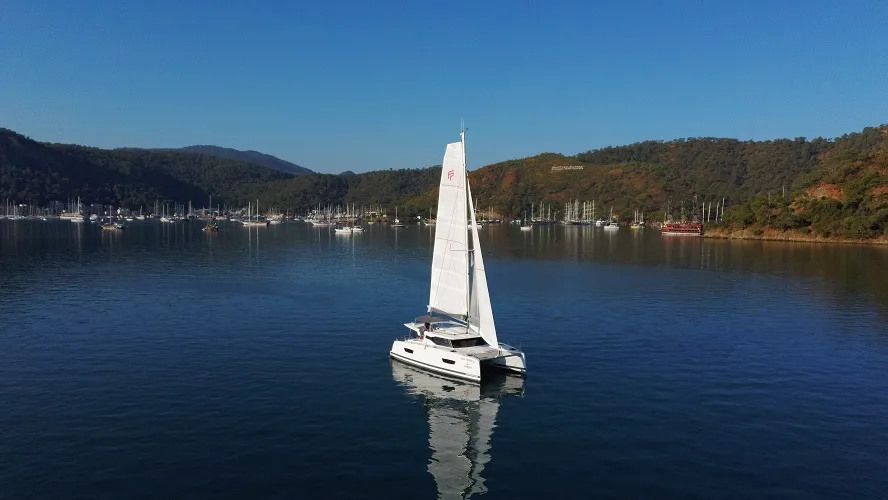 Exterior view of Fountaine Pajot Isla 40, a catamaran at Fethiye, Turkey