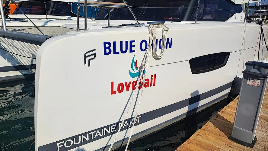 Exterior view of Fountaine Pajot Isla 40, a catamaran at Fethiye, Turkey