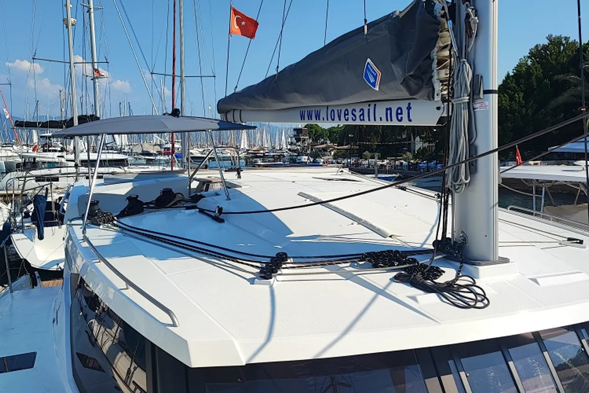 Deck of Fountaine Pajot Isla 40, a catamaran at Fethiye, Turkey