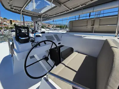 Cockpit of Cap Bon, a Aventura 37 catamaran at Novi Vinodolski, Croatia