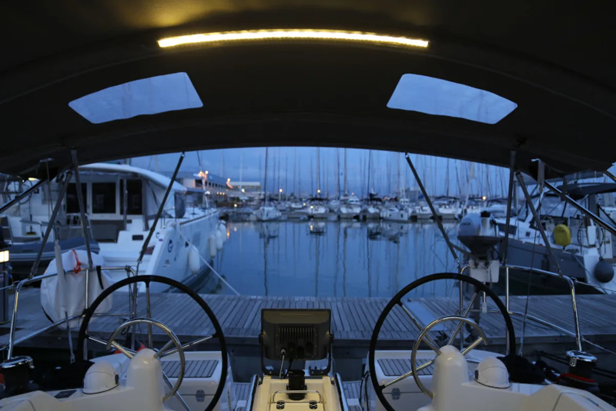 Cockpit of Kandur II, a Jeanneau Sun Odyssey 419 sailboat at Kaštela, Croatia