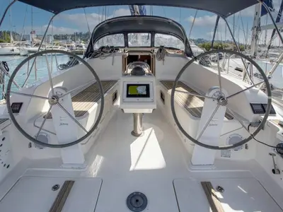 Cockpit of Ariti, a Bavaria Cruiser 41 sailboat at Kontokali, Greece