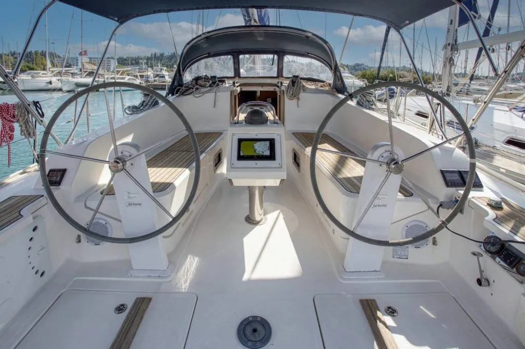 Cockpit of Ariti, a Bavaria Cruiser 41 sailboat at Kontokali, Greece