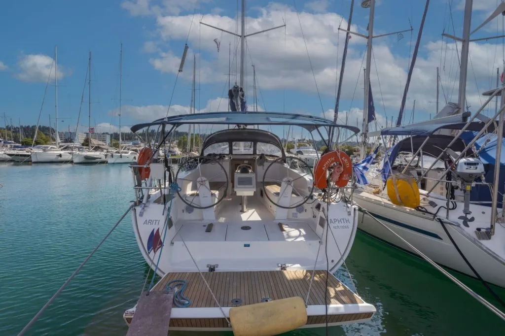 Exterior view of Ariti, a Bavaria Cruiser 41 sailboat at Kontokali, Greece