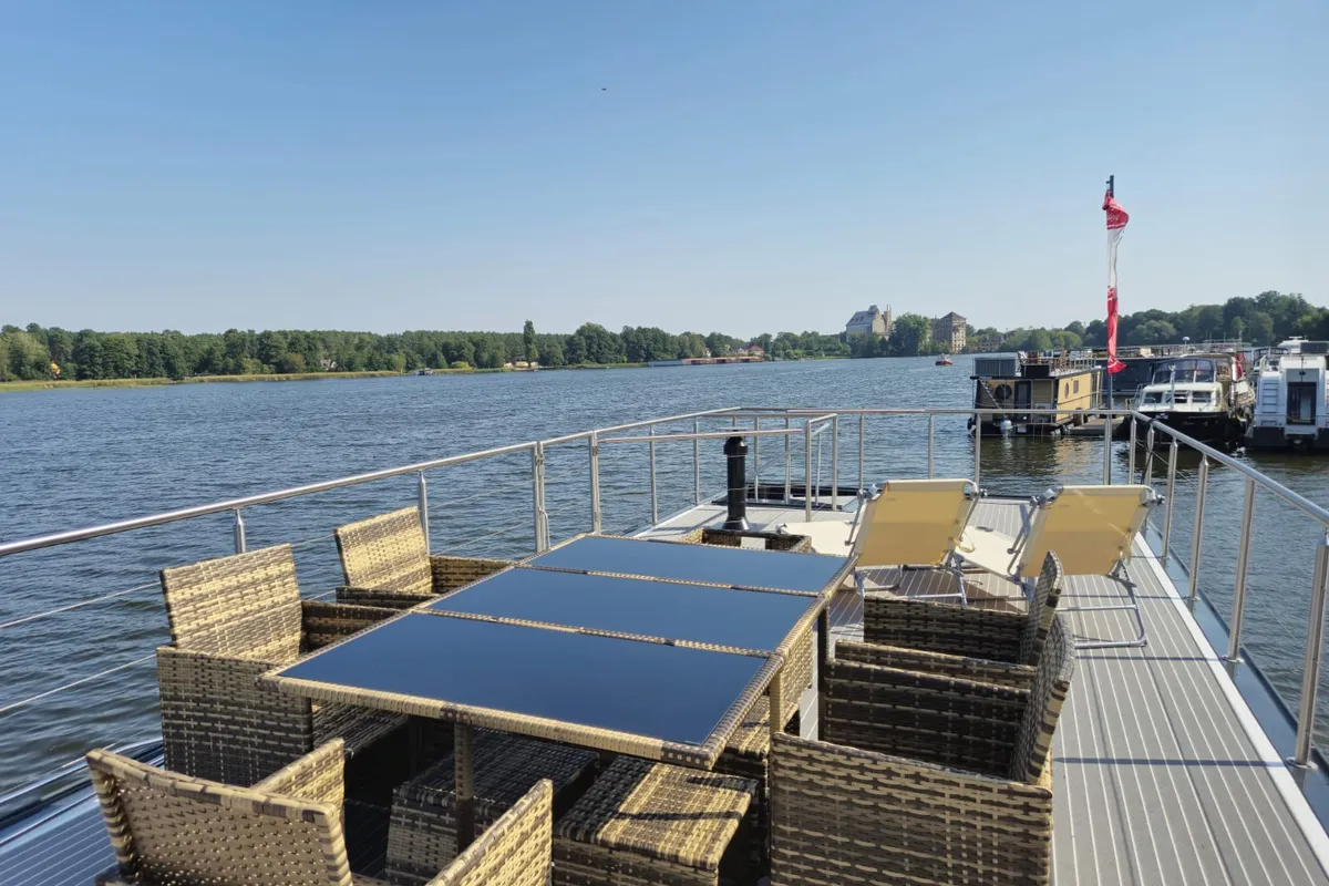 Deck of Aquila, a Woma D13 motorboat at Fürstenberg/Havel, Germany