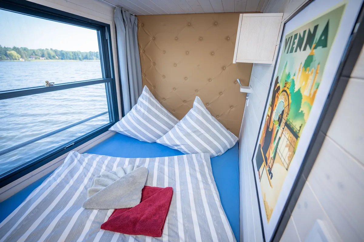 Cabin on Aquila, a Woma D13 motorboat at Fürstenberg/Havel, Germany