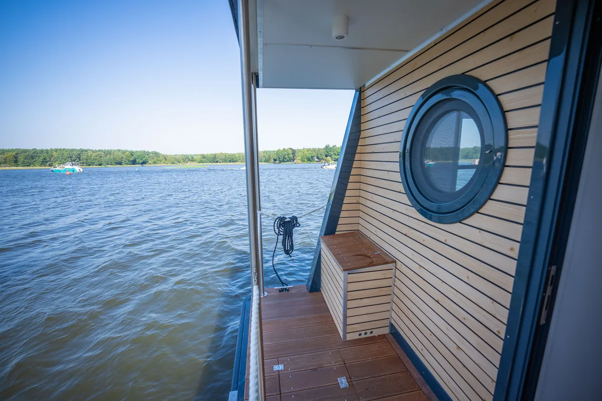 Deck of Aquila, a Woma D13 motorboat at Fürstenberg/Havel, Germany