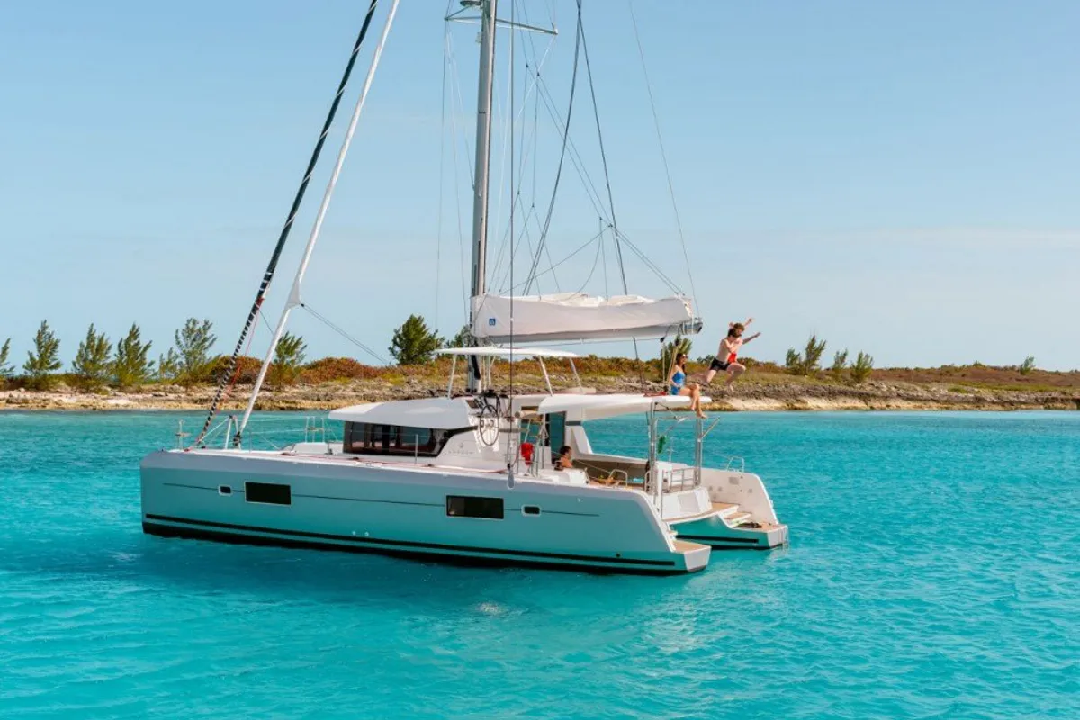 Exterior view of Blueskin, a Lagoon 42 catamaran at Roche Caiman, Seychelles