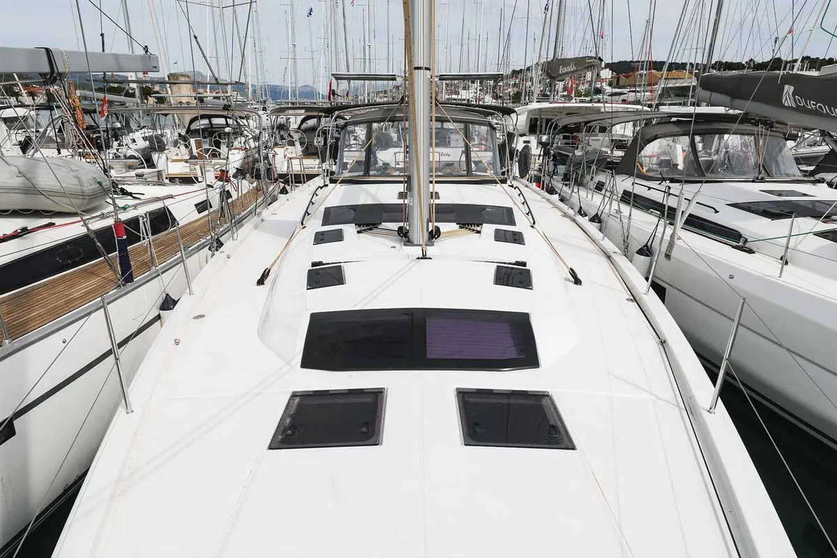 Deck of Musca, a Dufour 530 sailboat at Grad Trogir, Croatia