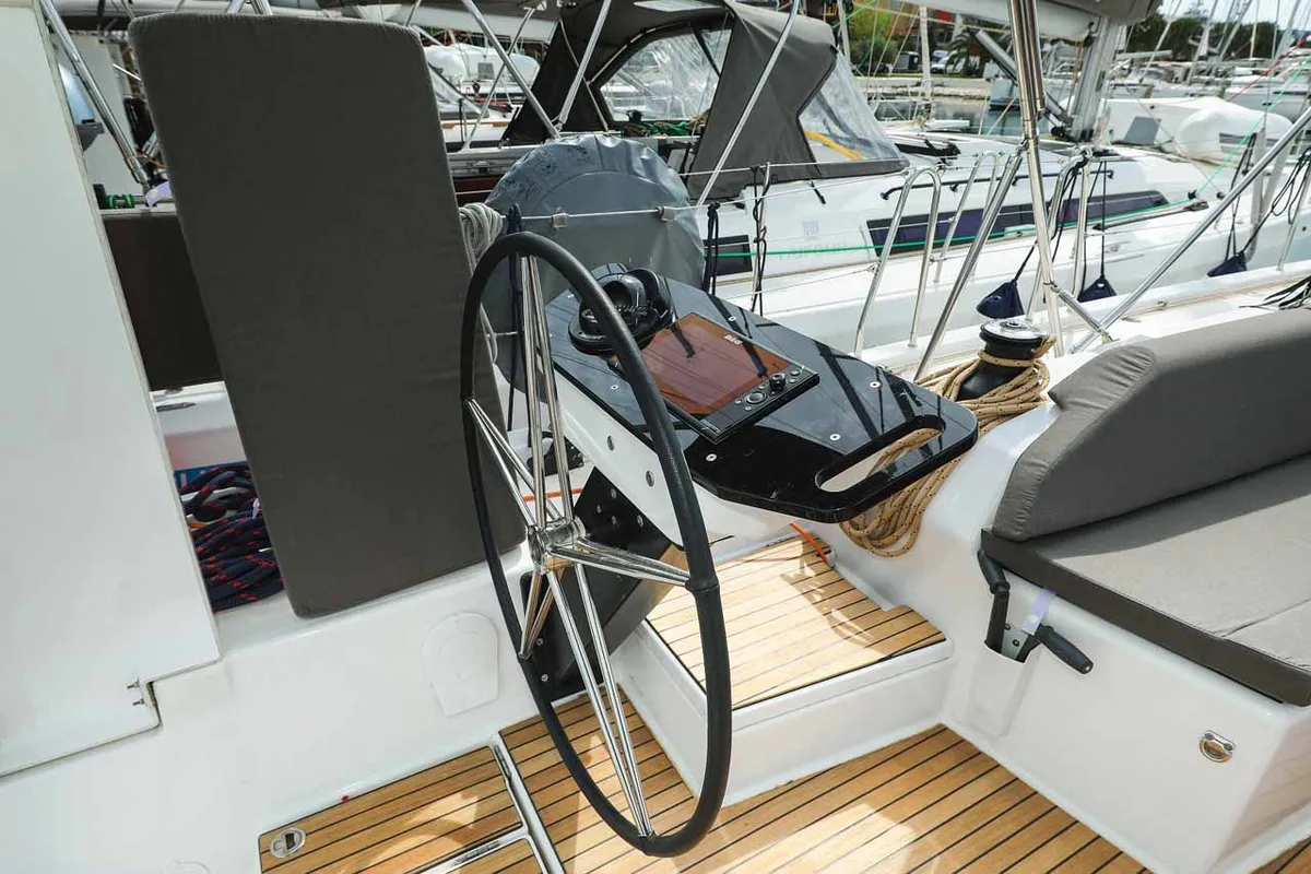 Cockpit of Musca, a Dufour 530 sailboat at Grad Trogir, Croatia