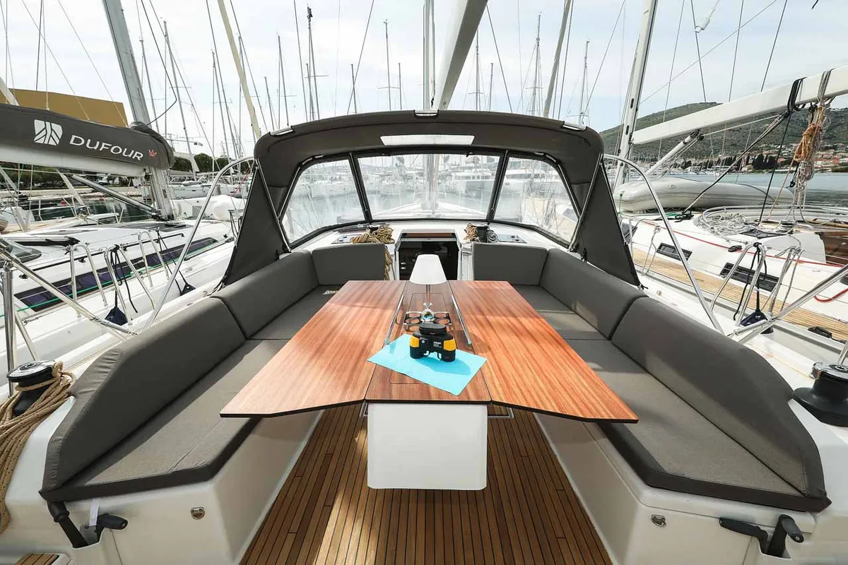 Cockpit of Musca, a Dufour 530 sailboat at Grad Trogir, Croatia