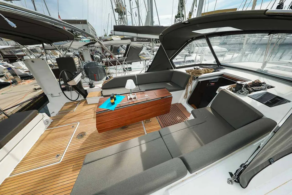 Cockpit of Musca, a Dufour 530 sailboat at Grad Trogir, Croatia