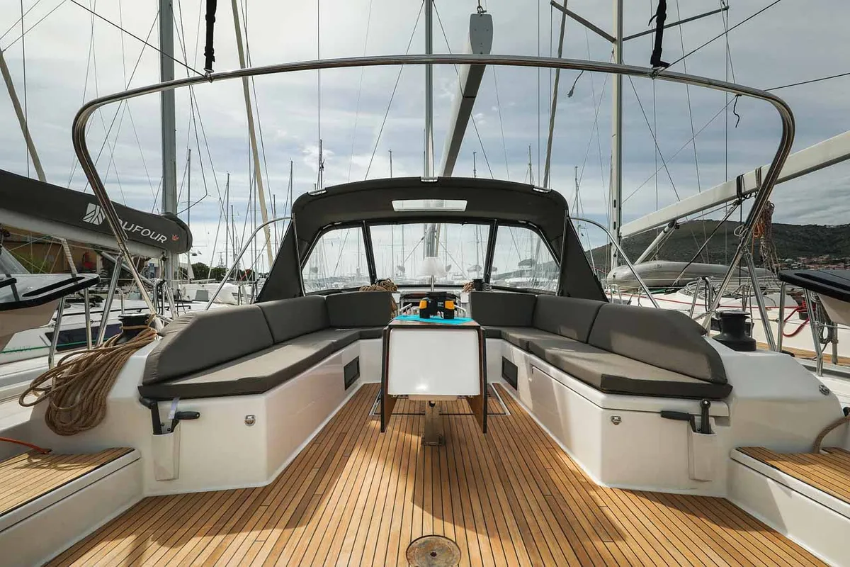Cockpit of Musca, a Dufour 530 sailboat at Grad Trogir, Croatia