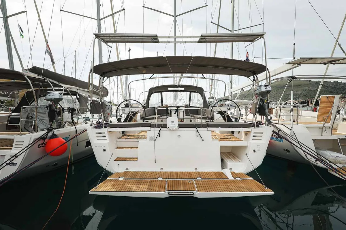 Exterior view of Musca, a Dufour 530 sailboat at Grad Trogir, Croatia