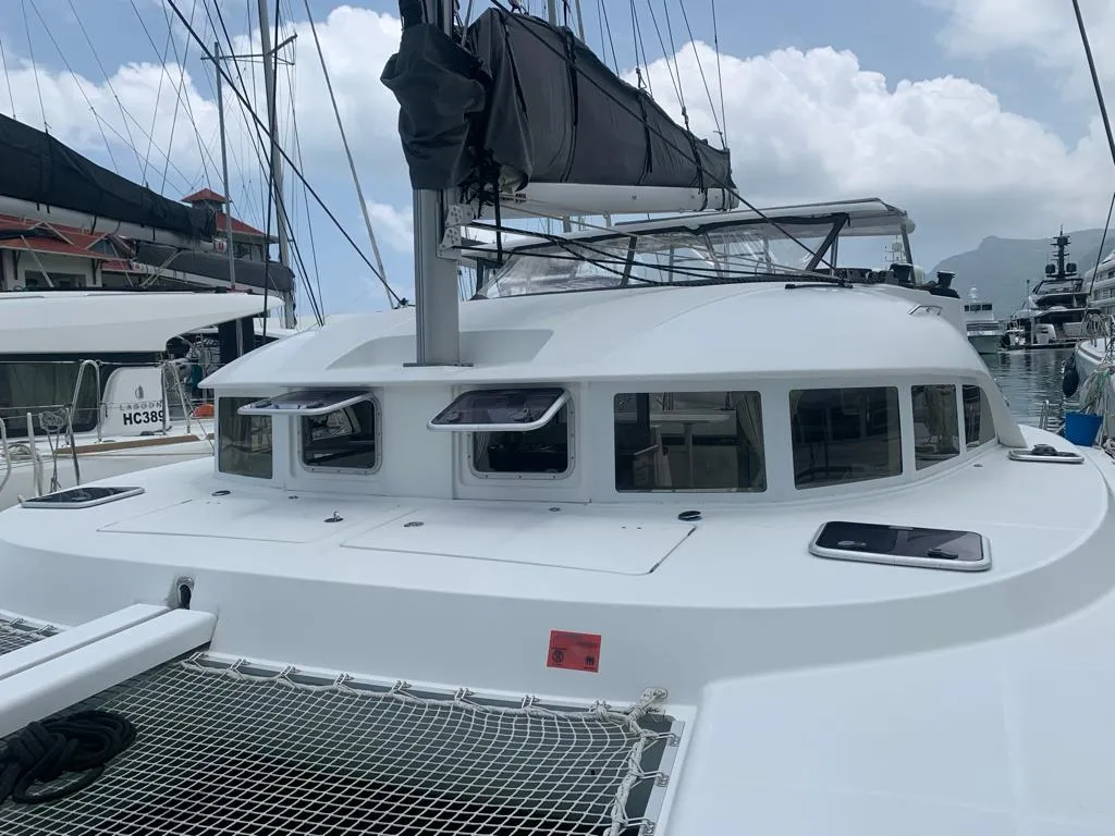 Deck of Pampero, a Lagoon 380 catamaran at Roche Caiman, Seychelles