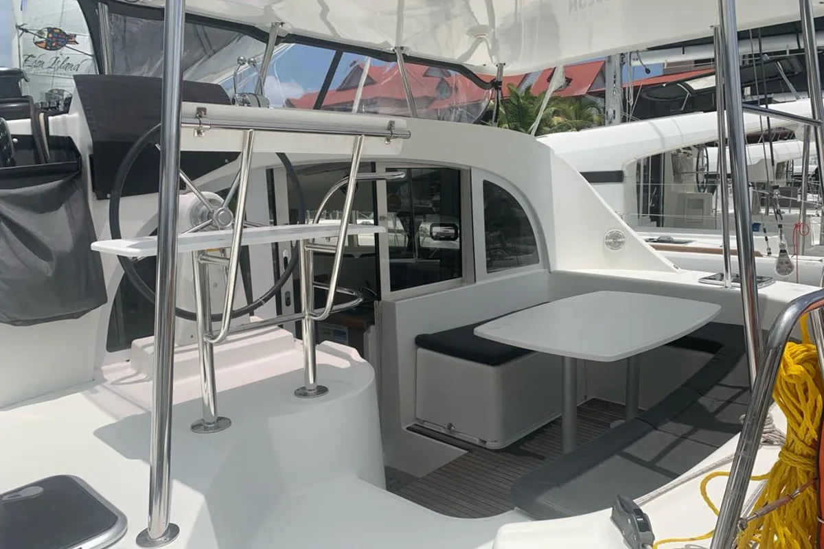 Deck of Pampero, a Lagoon 380 catamaran at Roche Caiman, Seychelles